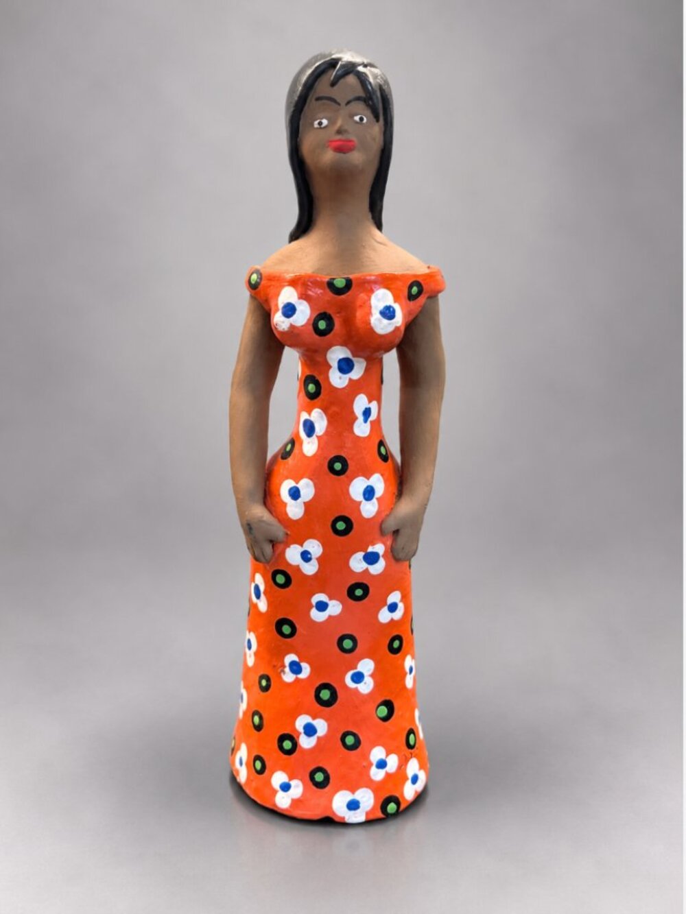 Vintage Brazil Folk Art Woman Doll Figurine Hand Painted Orange Floral Dress